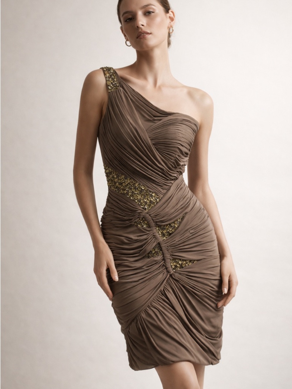 Terani Couture Beaded One Shoulder Mini Dress Nude Gold Size 4 - Picture 1 of 10